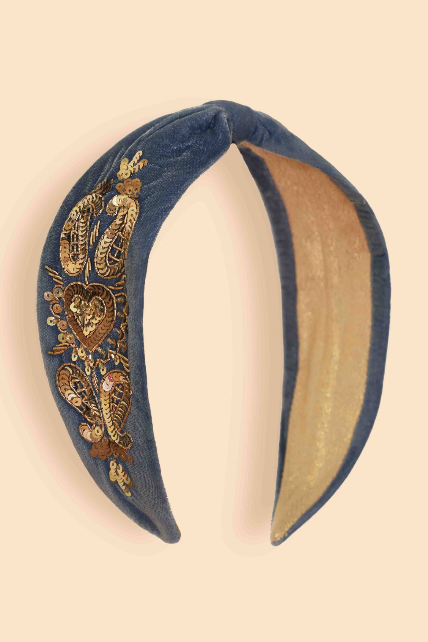 Velvet Embellished Headband in Denim