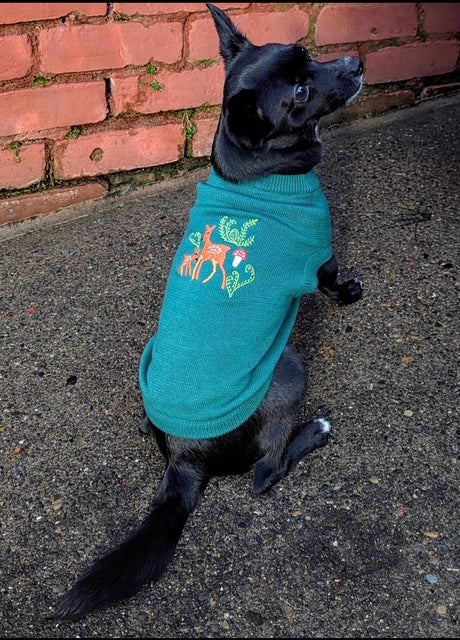 Embroidered Deer Teal Pet Sweater