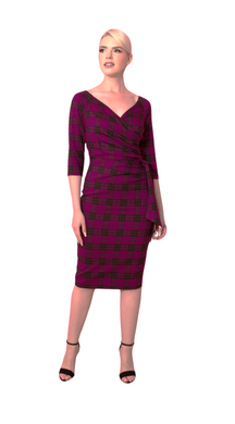 Berry Hourglass Tartan 3/4 Sleeve Pencil Dress