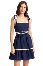 Load image into Gallery viewer, Navy ricrac tie strap dress